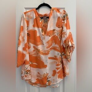 3/4 Sleeve Blouse - Orange / tan - Wrap back closure - V neck- Chicos Size 2